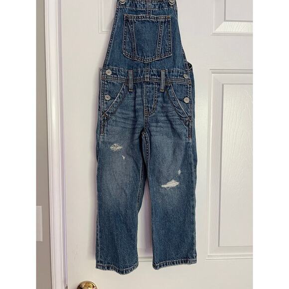 GAP Kids Loose Fitting Distressed Medium Wash Denim Overalls - Picture 6 of 8